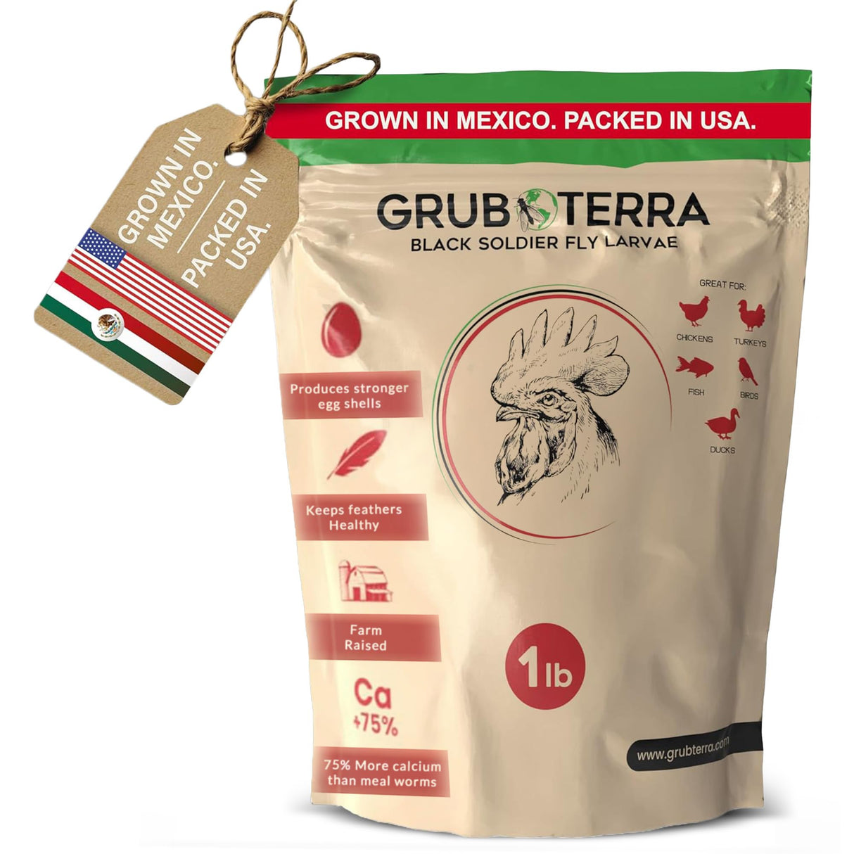 GrubTerra Black Soldier Fly Larvae for Chickens – Dried BSFL Poultry Treat, High Protein Calcium Feed Supplement for Laying Hens, Backyard Chickens, Sourced from Mexico, Not from China - 1LB