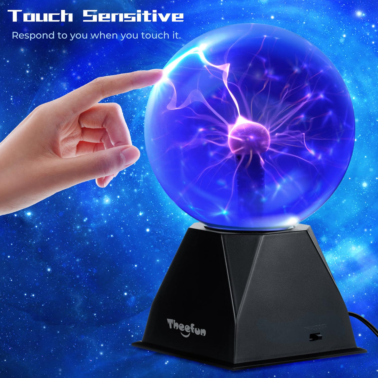 Theefun Blue Plasma Ball: 6 Inch Plasma Globe Touch & Sound Sensitive Plasma Ball Lamp Electric Ball Lightning Novelty Light for Parties, Home, Prop, Decoration, Christmas Gifts