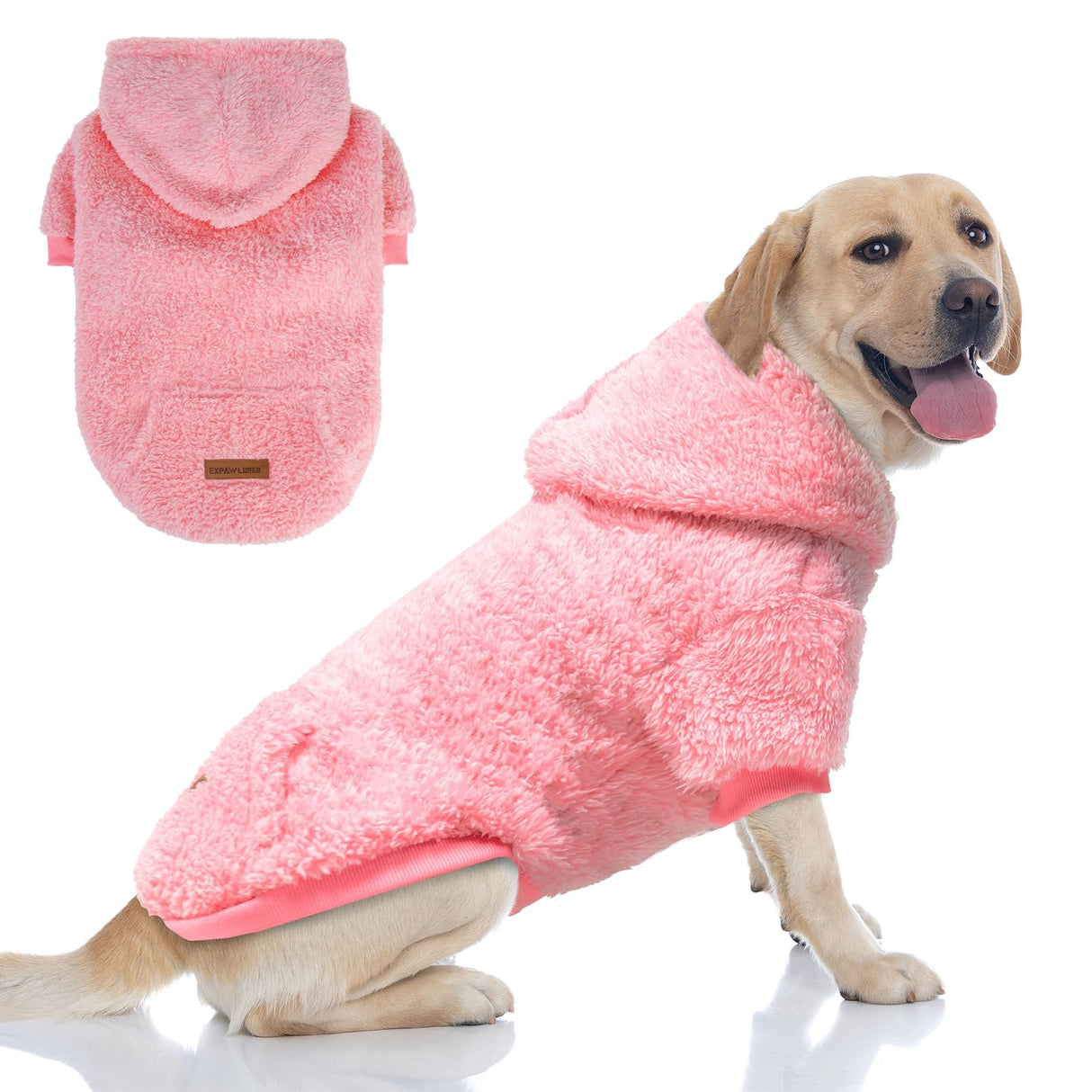 EXPAWLORER Fuzzy Dog Sweaters, Double-Sided Plush Fleece Soft Doggie Hoodie with Leash Hole, Pet Cold Weather Clothes Winter Coat, Sherpa Hooded Sweatshirt for Small Medium Large Dogs(Pink XL)