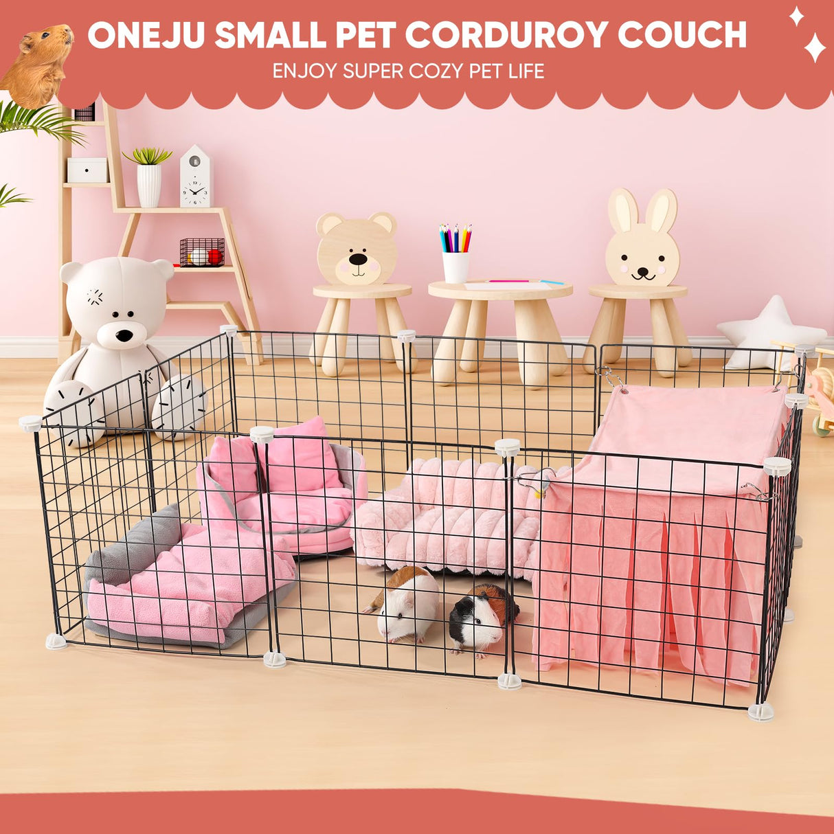 ONEJU Guinea Pig Couch - Fluffy Small Pet Sofa with with Two Removable Washable Covers, Guinea Pig Bed with Stuffed Arms and Back, Super Cozy Corduroy Fleece, Pink and Dark Gray Respectively