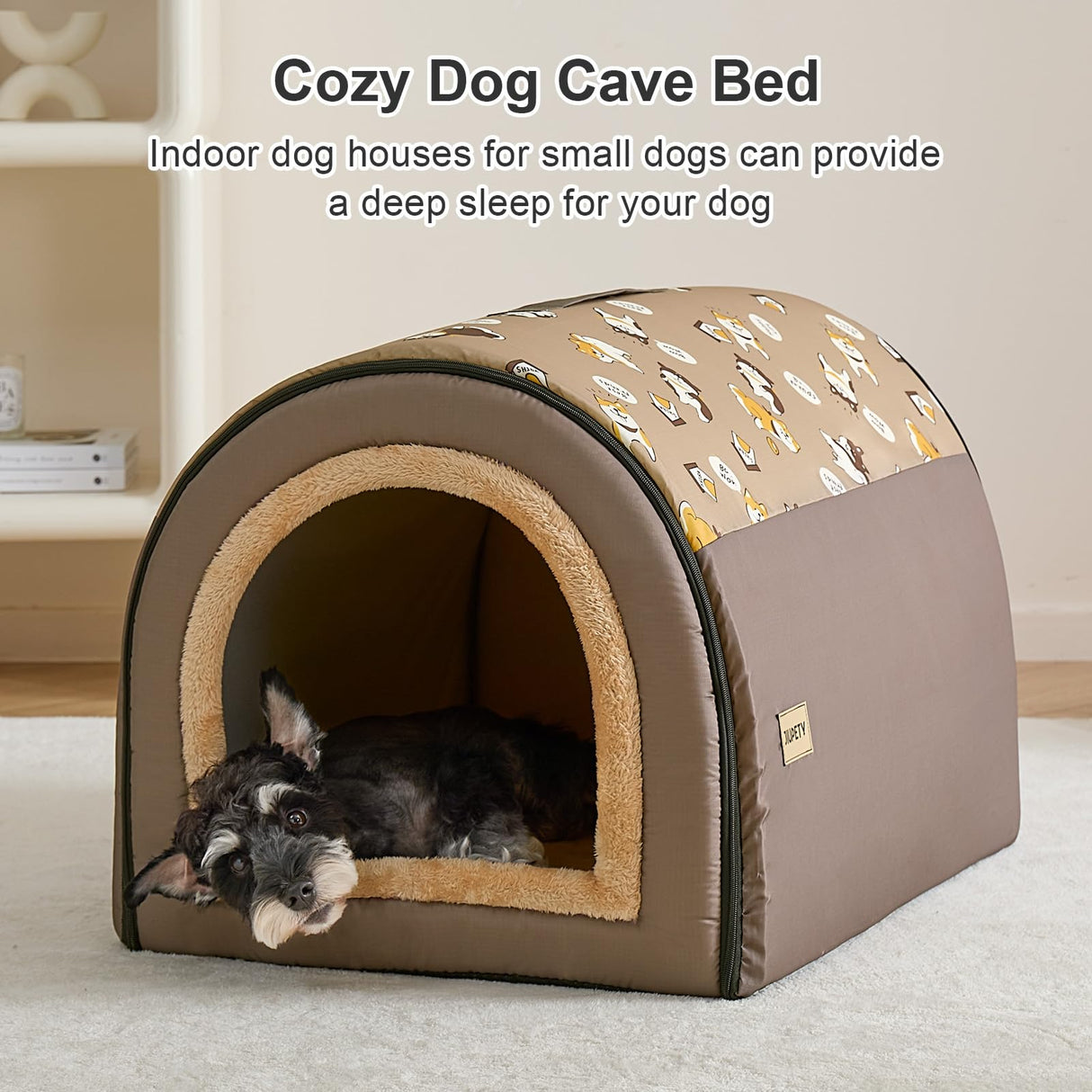 Jiupety Indoor Dog House, 2-in-1 Portable Foldable House Bed with Cover, Pet Tent & Cave Bed for Medium Dogs, XL(28"×21"×19"), Up to 40 Lb, Brown