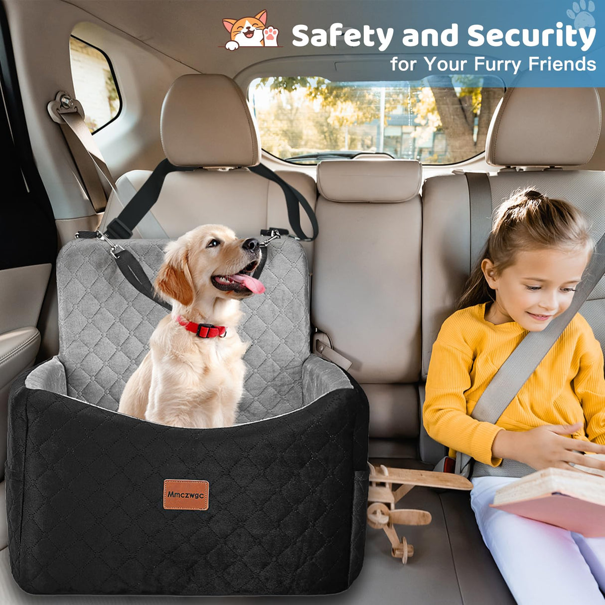 Mmczwgc Dog Car Seat for Small/Medium Dogs Under 35 lbs – Pet Booster Seat with 6-inch Memory Foam, Dog Car Bed with Removable and Washable Cover, 2 Safety Belts and 2 Storage Bags