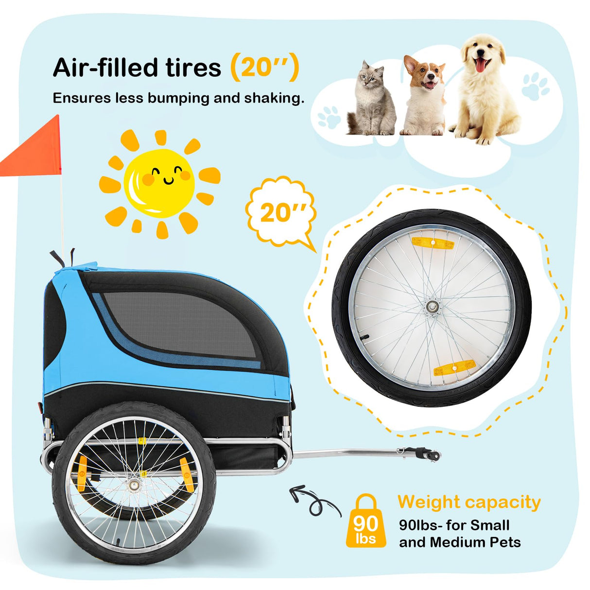 Dog Bicycle Trailer - HAPPAWS Pet Bike Trailer, Dog Carrier for Bike, Cargo Cycle Trailers Wagon Cart w/ 3 Doors, Shock-Absorbent Wheels, Safety Flag, Easy to Connect&Disconnect, Collapsible to Store