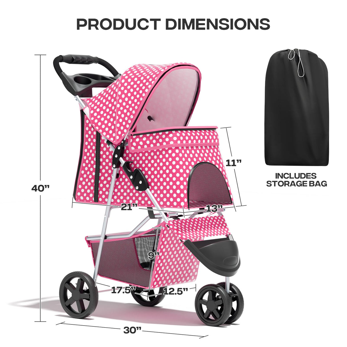 Pink Dog Stroller for Medium Dogs 30 lbs Pet Stroller for Small Dogs Cat Strollers for 2 Cats, 3 Wheels Foldable Jogger Puppy Stroller with Storage Basket and Cup Holder, Pink Polka Dots