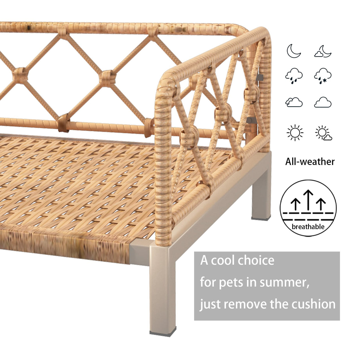 wallowsun Wicker Dog Bed with 2" Cushion,Rattan Dog Sofa Bed for Small Medium Dogs– Indoor/Outdoor Metal Frame Pet Bed up 66lbs (Brown Rattan Brown Cushion)