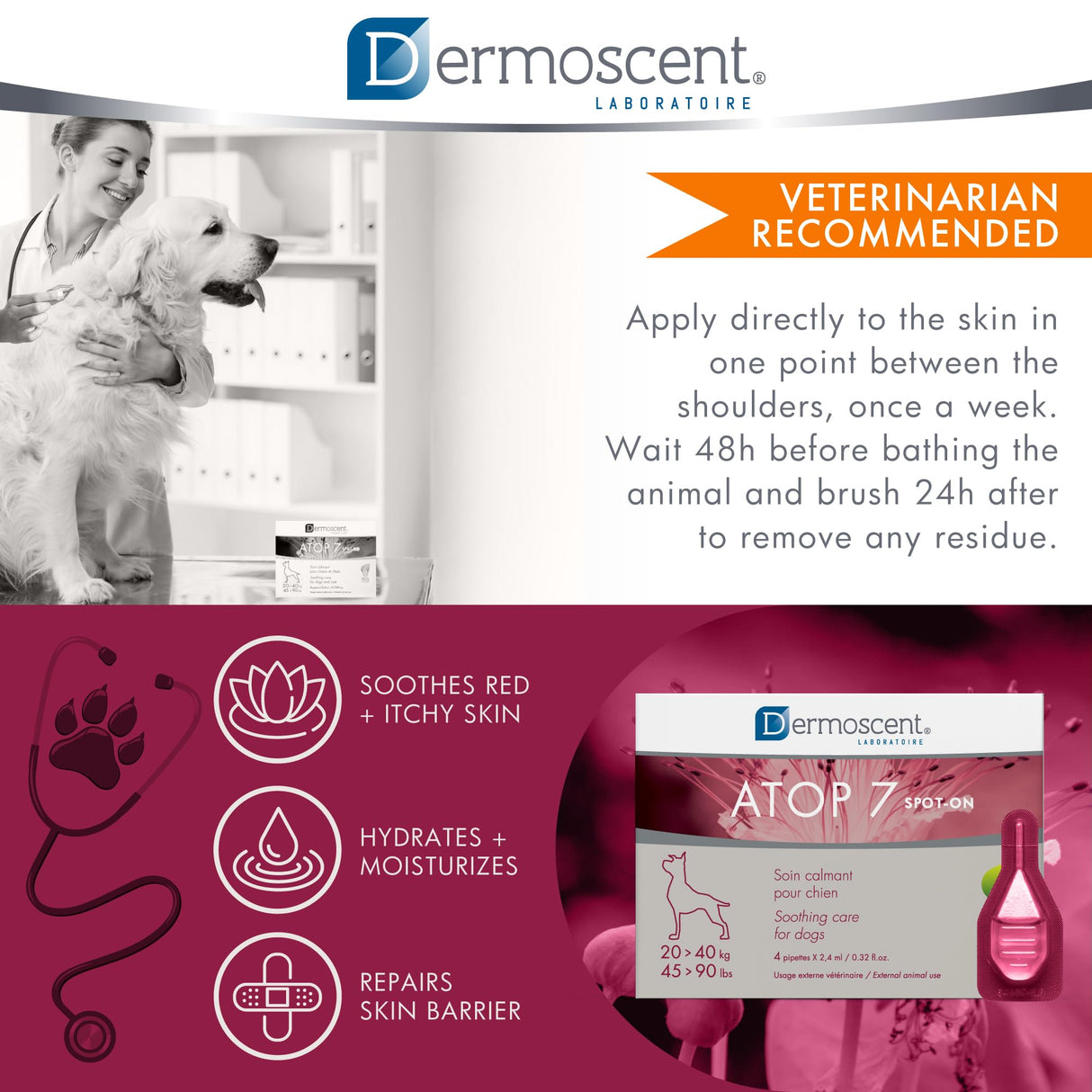 Dermoscent ATOP 7 spot-on - Large Dogs 45-90 lbs - Soothing Care for Sensitive, Dry and Itchy Skin or Allergy Prone Skin - Natural Ingredients - 4 pipettes