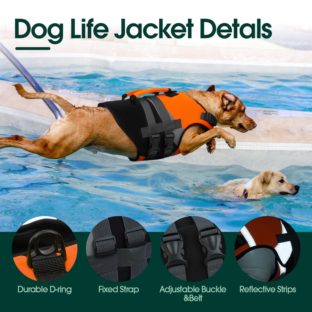 Kuoser Dog Life Jacket with Rescue Handle, High Flotation Dogs Swim Vest with Reflective Strips,Adjustable Dog Life Vest for Swimming, Boating, Pool&Beach, Doggy Lifejacket for Small Medium Large Dogs