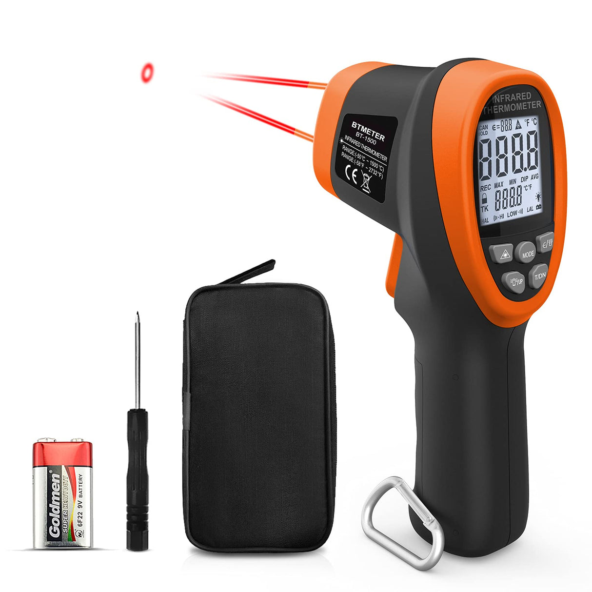 BTMETER BT-1500 Pyrometer 30:1 Industrial Laser Thermometer Gun, -58β to 2732β Non Contact High Temp Infrared Thermometer Digital IR Temperature Gauge Orange(NOT for Human Temp Test)