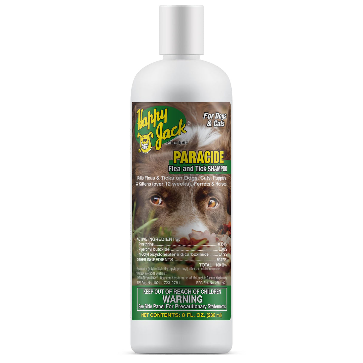 Happy Jack Paracide Flea & Tick Shampoo and Treatment for Dogs & Cats, Flea and Tick Prevention for Pets, 8 oz