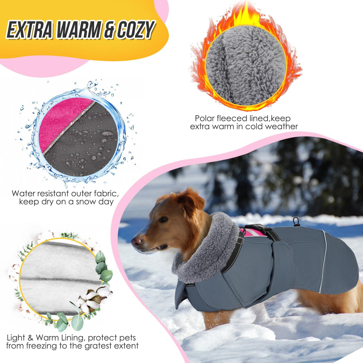 SlowTon Dog Winter Coat, Windproof 3 Layers Thick Warm Fleece Lining Dog Jacket for Cold Weather, Reflective Dogs Apparel with Leash Opening for Medium Large Dogs(Fuchsia,2XL)