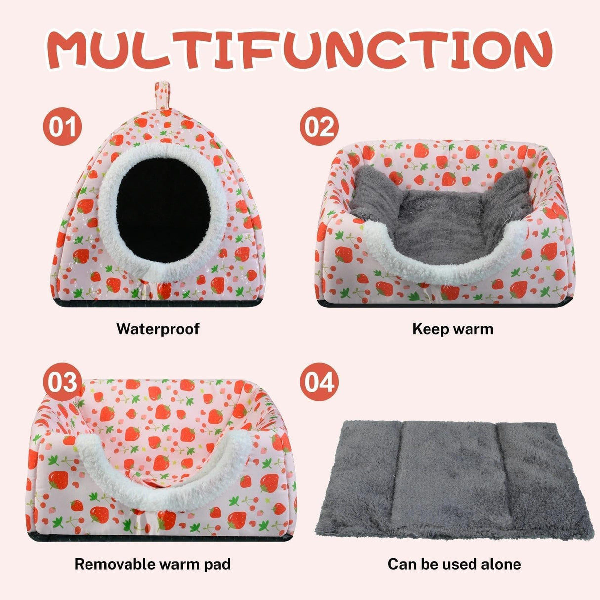Warm Rabbit Hideout, Washable Bunny Bed & Hideaway House with Strawberry Design, Cozy Fleece Hut for Indoor Rabbits Guinea Pigs and Other Small Animals