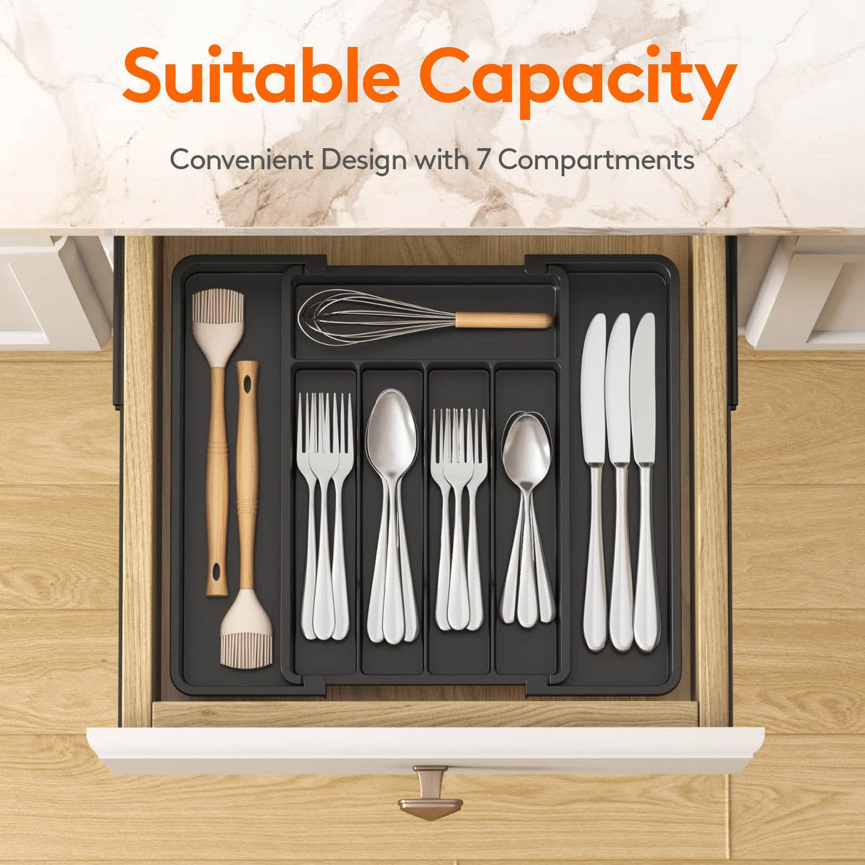 Expandable Silverware Organizer, Plastic Utensil Tray for Kitchen Drawer, BPA Free Flatware Cutlery Holder, Space-Saving Storage for Spoons Forks Knives, 8.5-14 x 12 x 1.5 inch, Black