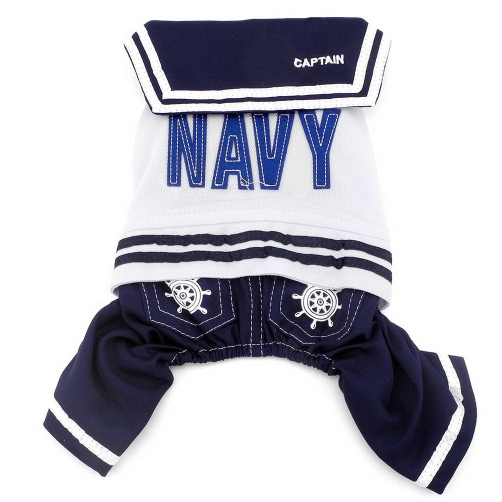 SELMAI Boy Navy Captain Costume Jumpsuit Seaman Outfits for Small Dog Cat Puppy Tee Shirts with Pants Chihuahua Clothes M