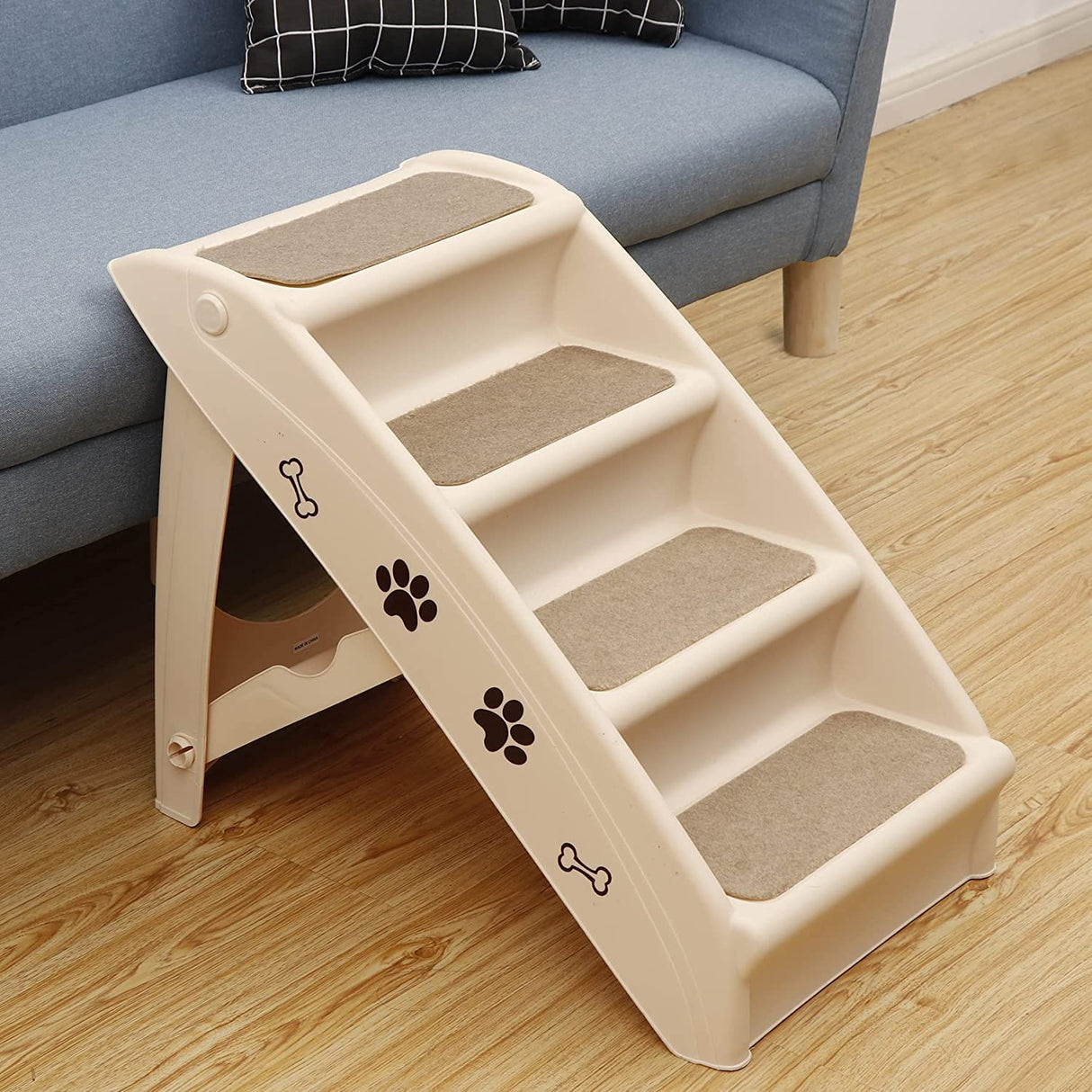 LEMY Non-Slip Foldable Steps Stairs for Dogs and Cats, 4-Step Portable Indoor Outdoor Pet Steps Ramp for Bed, Couch, Car, Tan