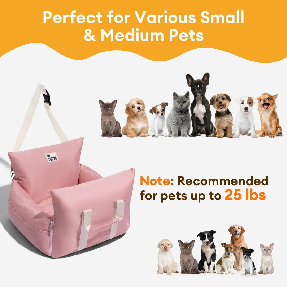 FUNNY FUZZY Dog Car Booster Seat for Small/Medium Dogs up to 25lbs – Waterproof, Non-Slip Base, Safety Leash & Fully Washable Design for Safe and Comfortable Travel (Pink)