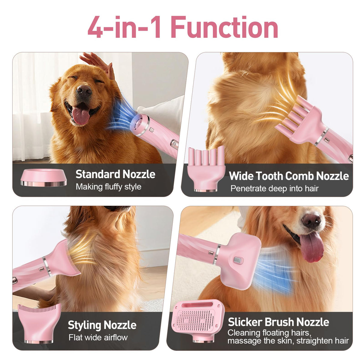 Discala Dog Dryer, Dog Grooming Blow Dryer Kit with Slicker Brush for Pet, High Velocity Blow Dryer for Dogs with Adjustable Speed and Temperature for Pet Grooming Supplies and Home Use, Pink