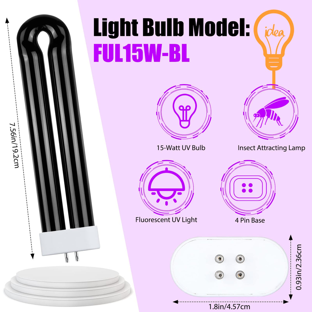 Zapper Light Bug Zapper Replacement Bulbs Insect Attracting Lamp FUL15W BL U Shaped Twin Tube Fluorescent UV Lamp 7.56 x 1.80 x 0.93 inch (Black,4 Pieces)