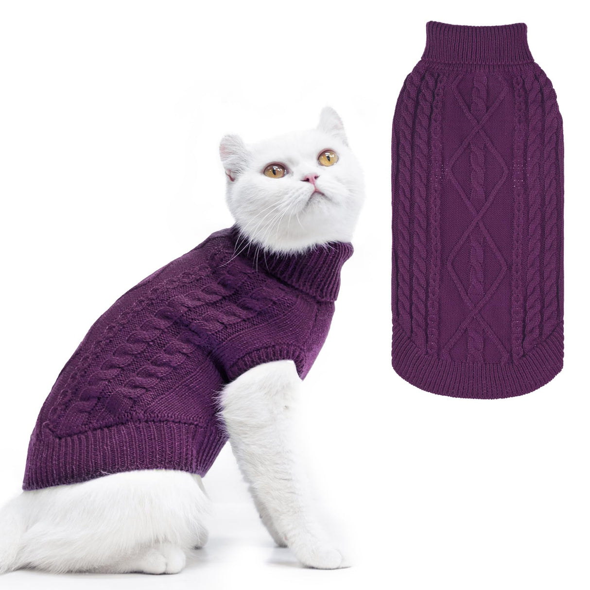 PUPTECK Winter Cat Sweater Coat - Soft Warm Cold Weather Clothes Knitwear for Kittens & Small Dogs Indoor Outdoor Wearing, Knitted Classic for Doggies Kitties Girls Boys, Purple, M
