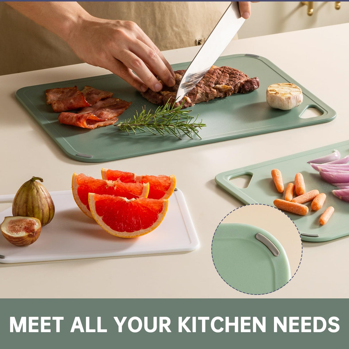 Plastic Cutting Board Set of 3-Cutting Boards for Kitchen BPA Free, Large-Small Chopping Boards Non-Slip for Cooking Camping Dishwasher Safe, Reversible, with Grip Handle, 15"×10"×0.25" Green
