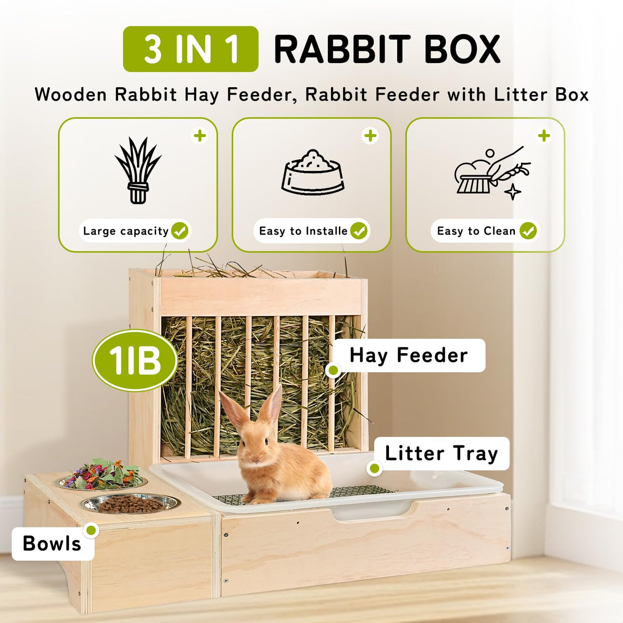3 in 1 Extra Large Rabbit Hay Feeder with Litter Box, Wooden Bunny Toilet, for Large and Medium-Sized Dwarf Rabbit, Guinea Pig, Chinchillas, Hamster, Ferret, Other Animals