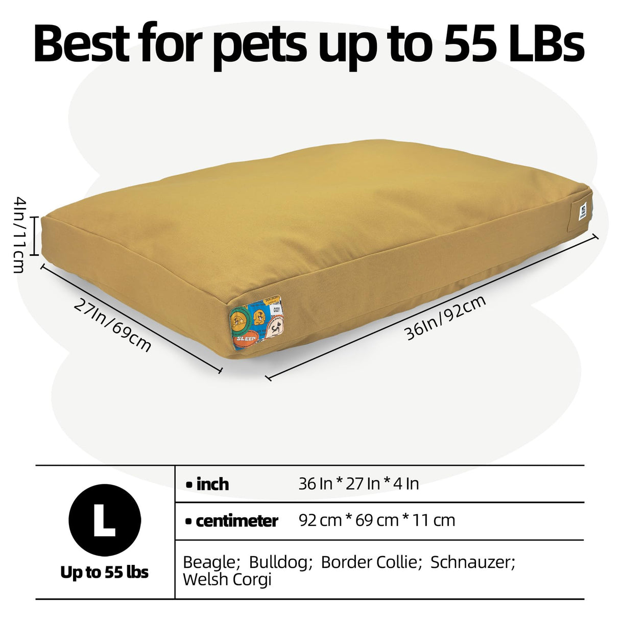 Sytopia 36 Inch Waterproof Canvas Outdoor Dog Bed for Large and Medium Dogs, Washable Removable Cover, Indoor Outdoor Patio Pet Pad, Yellow