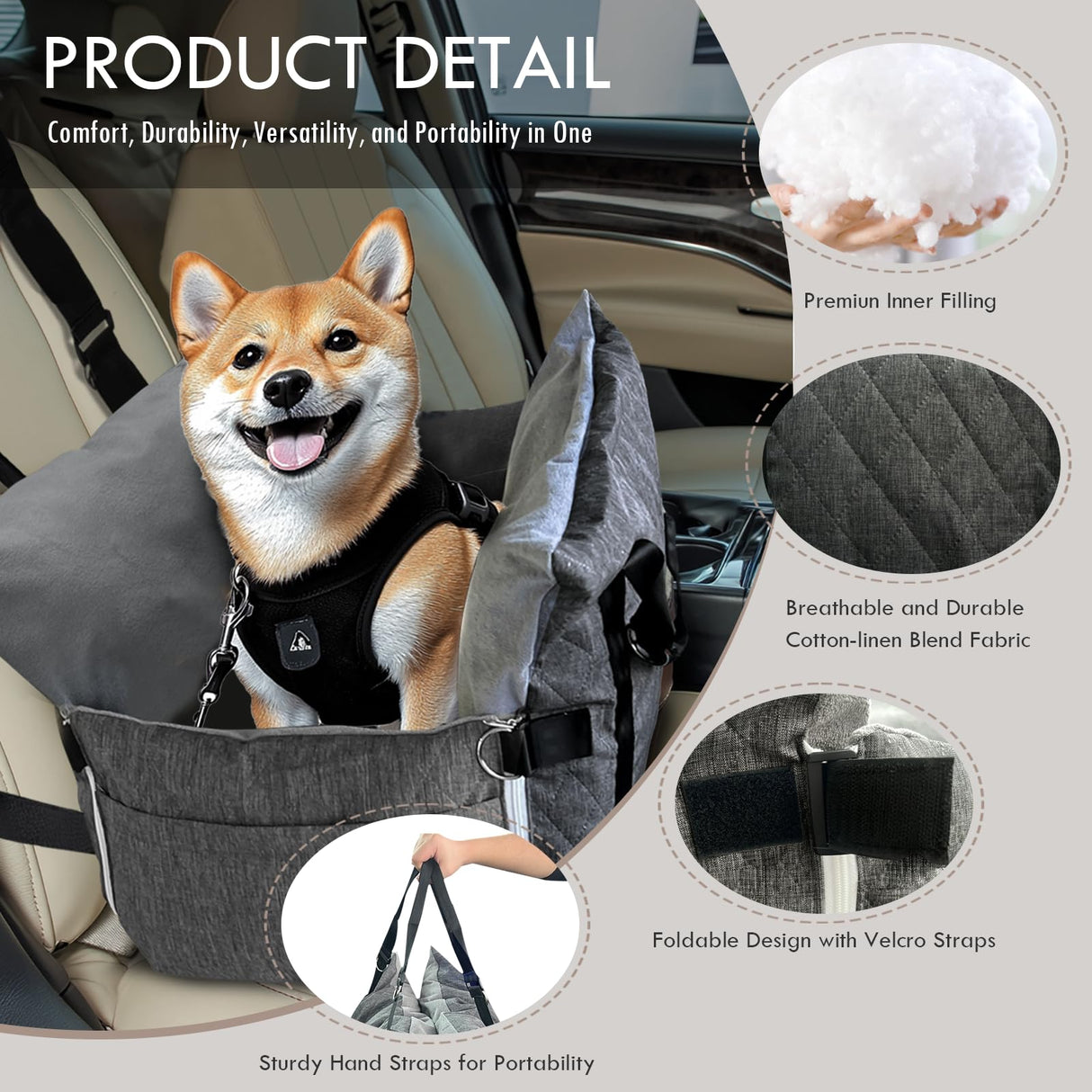 LELEFIDO Dog Car Seat for Small/Medium Dogs Under 40 lbs - Elevated Pet Seat with Safety Belt, Non-Slip Base, and Storage Pockets for Car Travel (Gray, 30 x 20.5 inch)