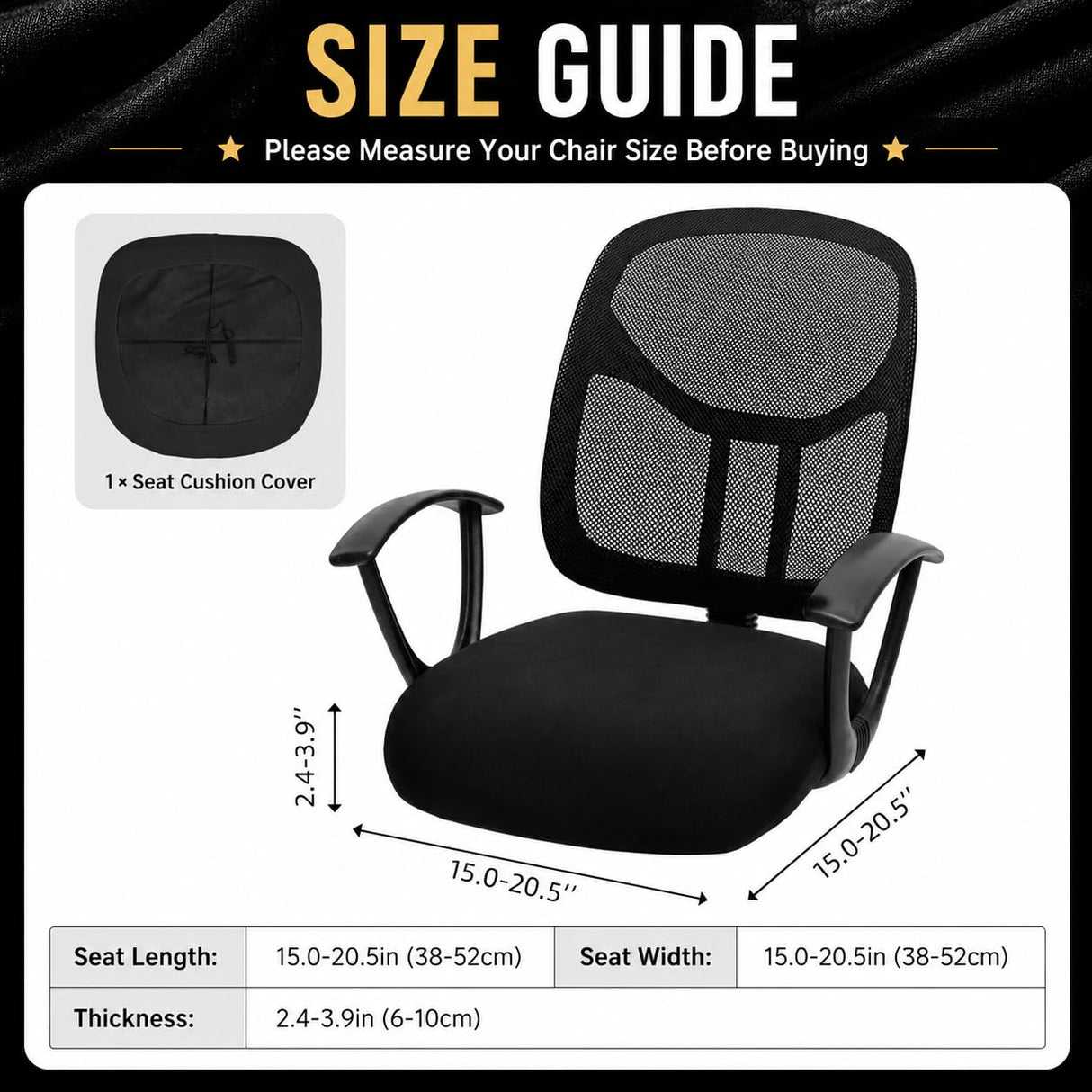 DIVA EN CAMINO DEC Water-Resistant Stretchable Desk Office Chair Seat Cushion Covers - Universal Spandex Computer Chair Slipcover - Removable Washable Cushion Protectors for Dogs, Cats, Black