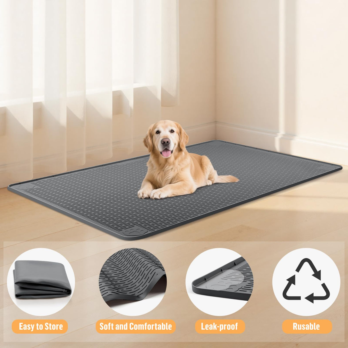 Bartuke Silicone Dog Bed Mat, 50"x 35" Crate Mat for Dog Cages, Kennel Mat with Raised Edge, Washable, Waterproof, Leakproof, Protect Floors (Dark Grey)