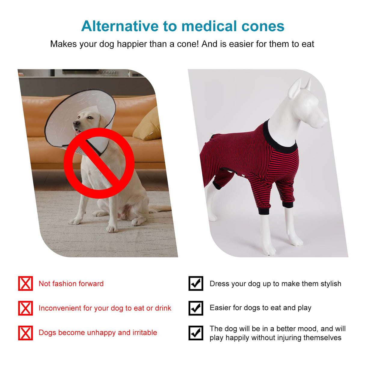 LovinPet Large Dogs PJS Clothes, Pure Cotton Red and Black Stripe Dog Shirt, 4-Legged Design, Full Body Coverage, Pajamas for Pitbulls, Large Breed Dog PJS, Onesies for Dogs,L