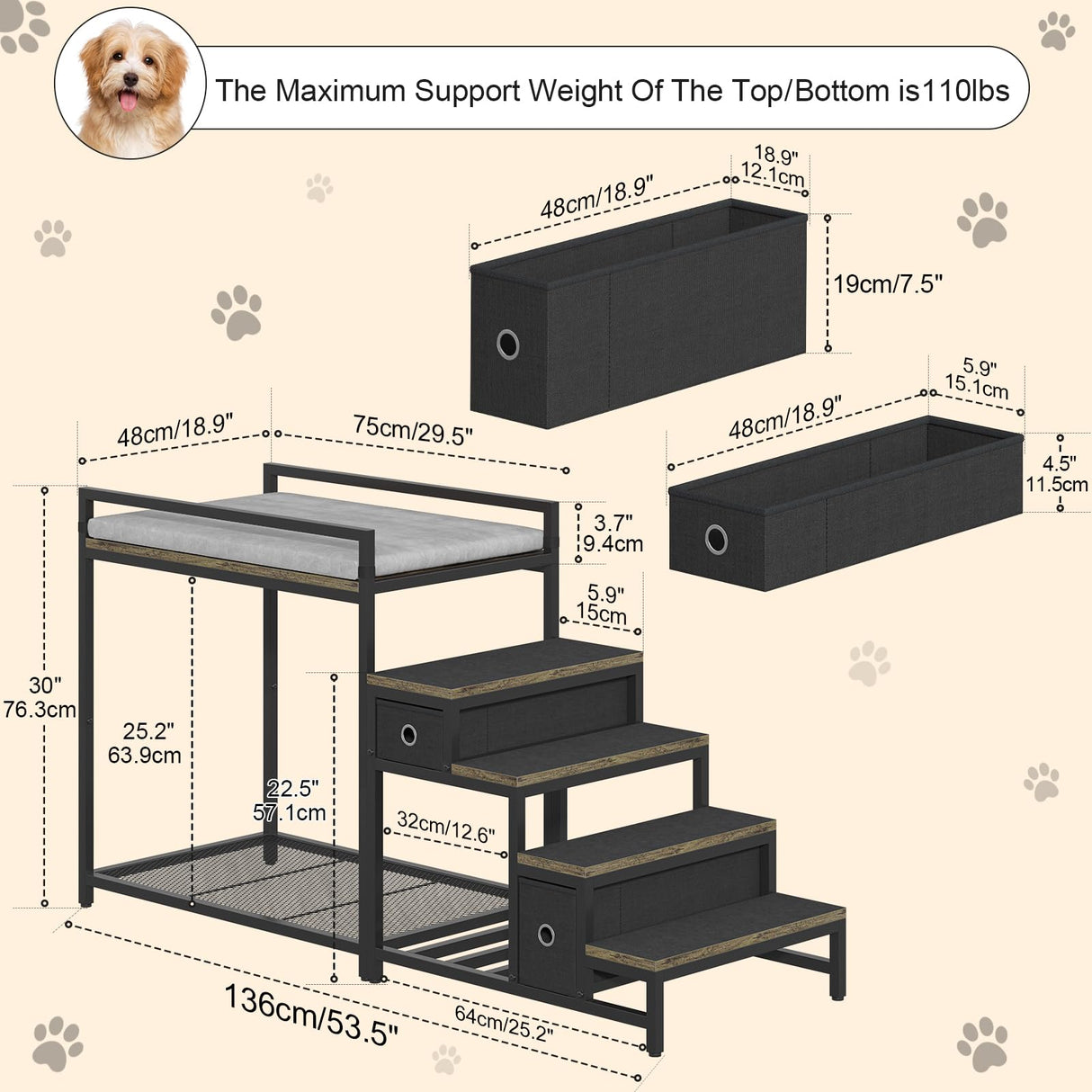 Saudism Pet Bunk Bed with Removable Stairs and 2 Drawers, Dogs/Cats Window Perch, Dog Window Seat with Soft Cushion, Ultra-Shallow Steps, Sturdy Metal Frame, Non-Slip, Load Capacity 60 LBS
