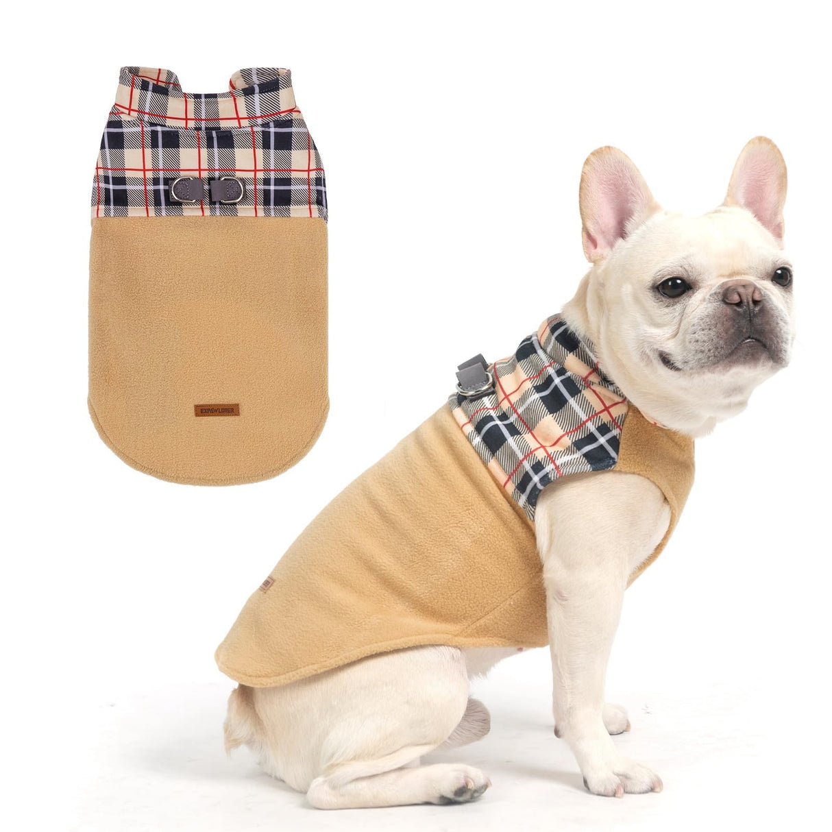 EXPAWLORER Fleece Dog Sweater - Classic Plaid Dog Jacket, Winter Coat Vest with 2 D-Rings for Leash, Pet Cold Weather Clothes, Sweatershirt for Boys or Girls