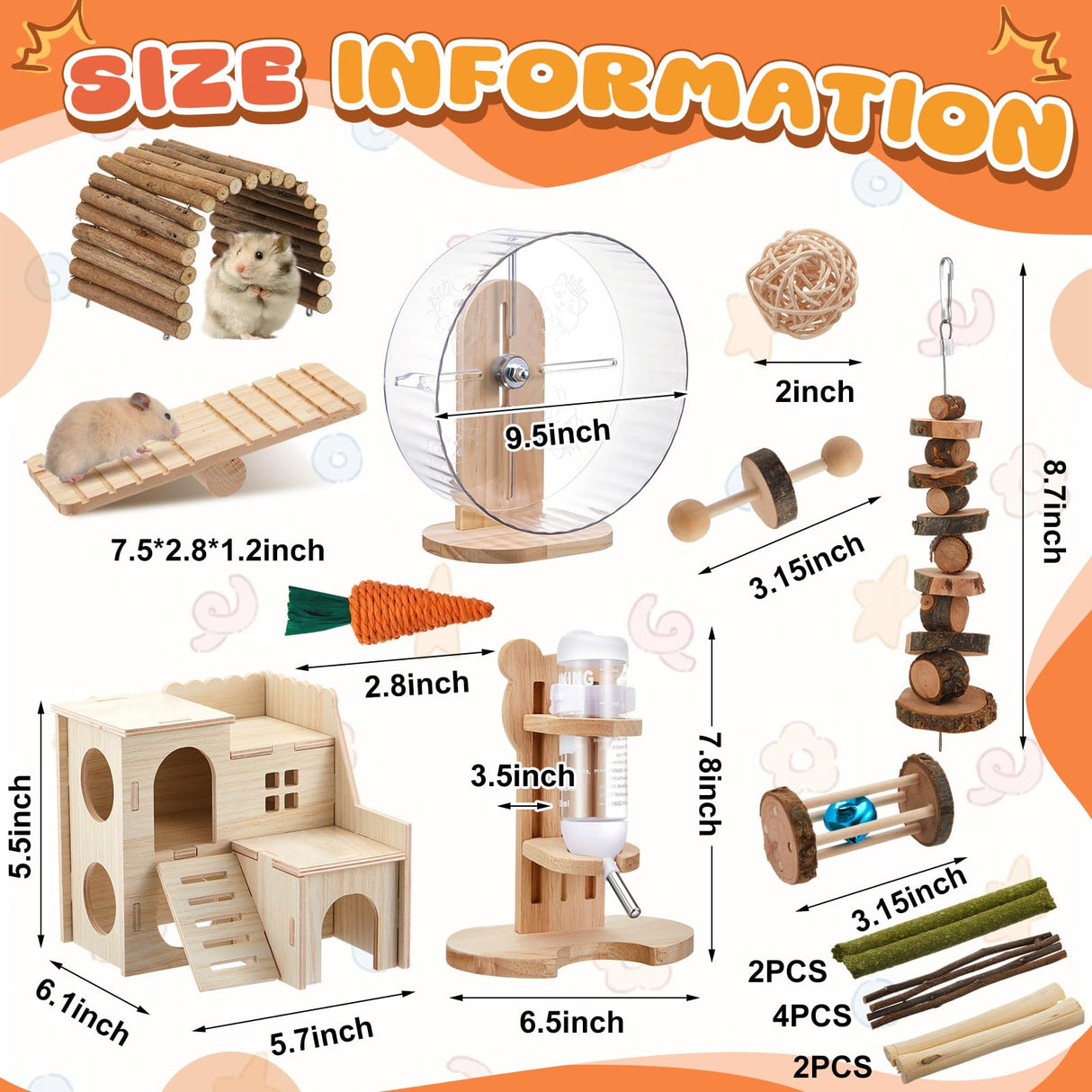 Sonwyoung 18 Pcs Hamster Cage Accessories, Silent Hamster Wheel, 15 Chew Toys Set, Maze Wood House and Water Bottle Set for Rat Mice Small Animals Habitat (Fun Interactive Style)