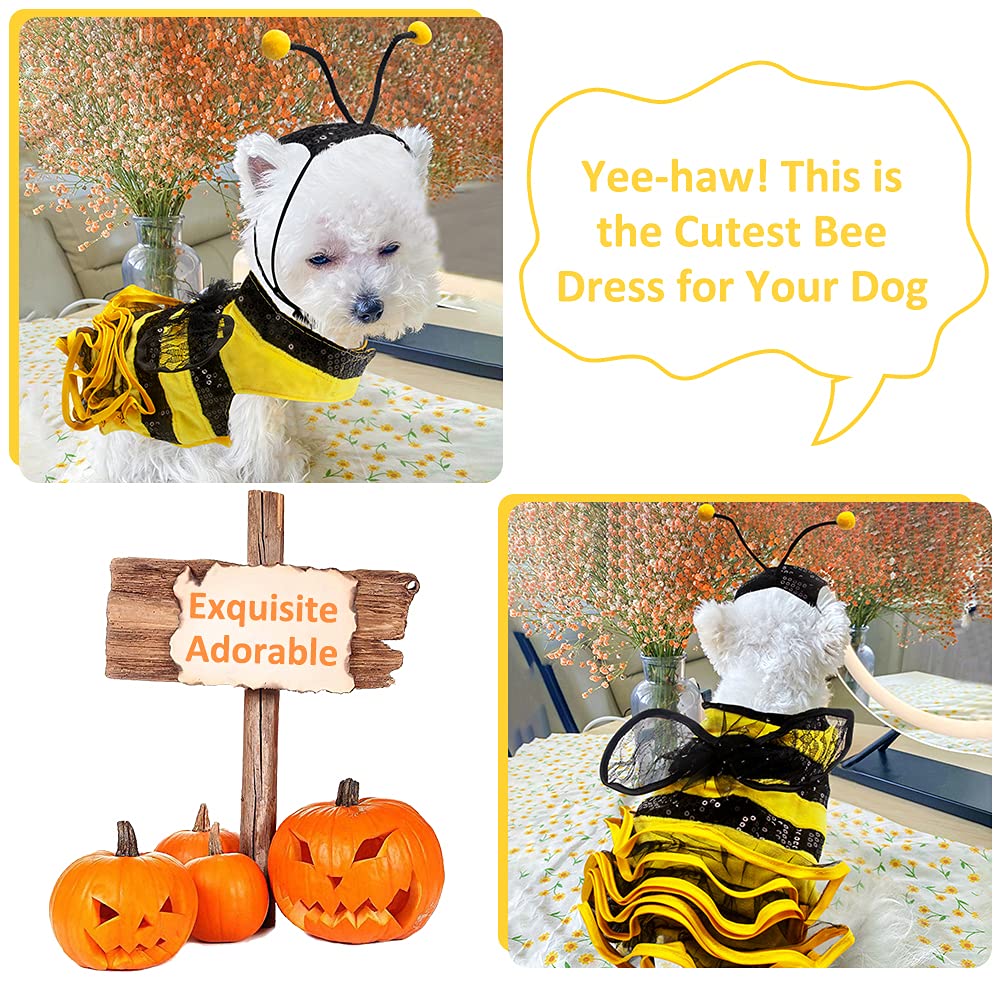 Bee Dog Halloween Costumes, Bumblebee Dress Cosplay Clothes with Cap, Funny Pet Halloween Outfit for Small Medium Large Dogs Cats Christmas Birthday Party Photo Props
