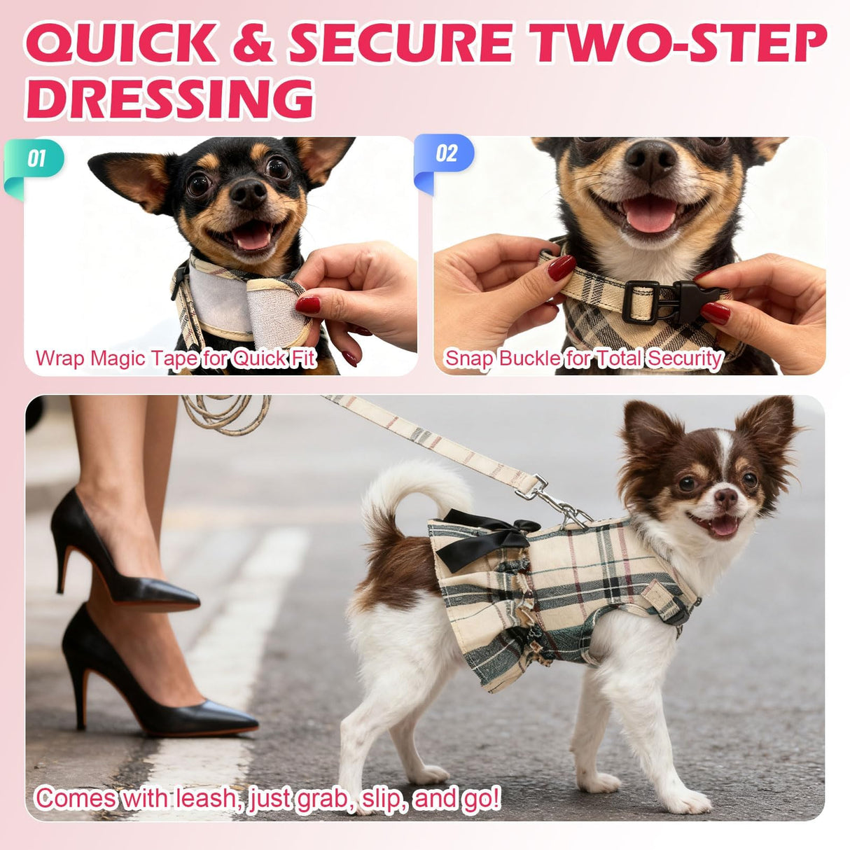EXPAWLORER Dog Harness Small Medium Sized Dogs, Plaid Dog Dress Bowknot Harness and Leash Set, No Choke No Pull Soft Mesh Vest Cute Princess Puppy Outfits Clothes Costume for Girls Party Cats Pink M