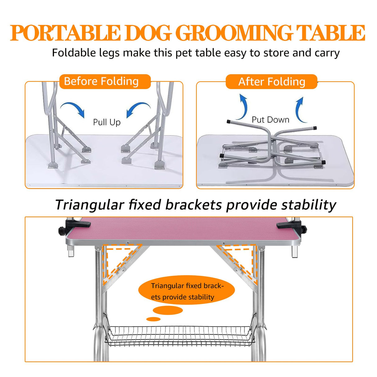 Professional Dog Pet Grooming Table Adjustable Heavy Duty Portable w/Arm & Noose & Mesh Tray (Pink, 42")