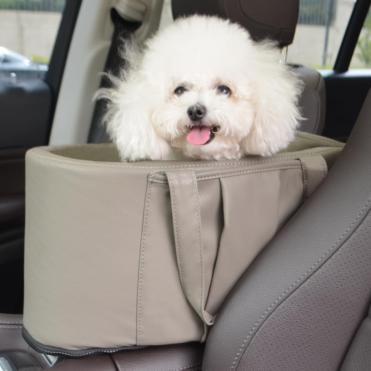 Portable Small Dog Seat for Car, Luxury Leather Center Console Dog Car Seat Booster with Safety Tethers, Anti-Collapse Pet Travel Carseat for SUV, Truck