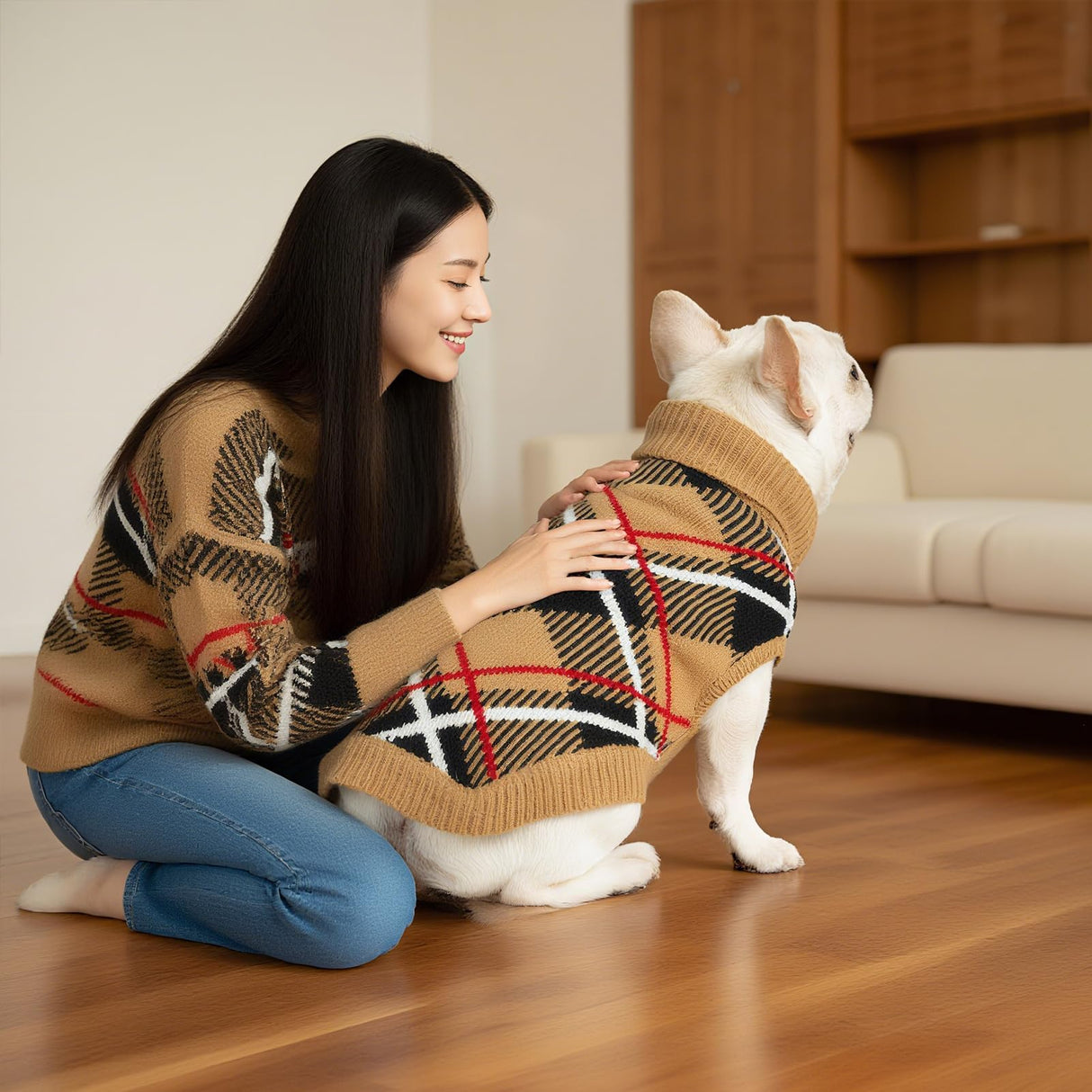 EXPAWLORER Fall Dog Sweater for Small Medieum Large Dogs, Knitted Pullover Turtleneck Cold Weather Classic Plaid Pet Clothes Sweatshirt Outfits for Winter, Girl/Boy Knitwear with Leash Hole Beige ML