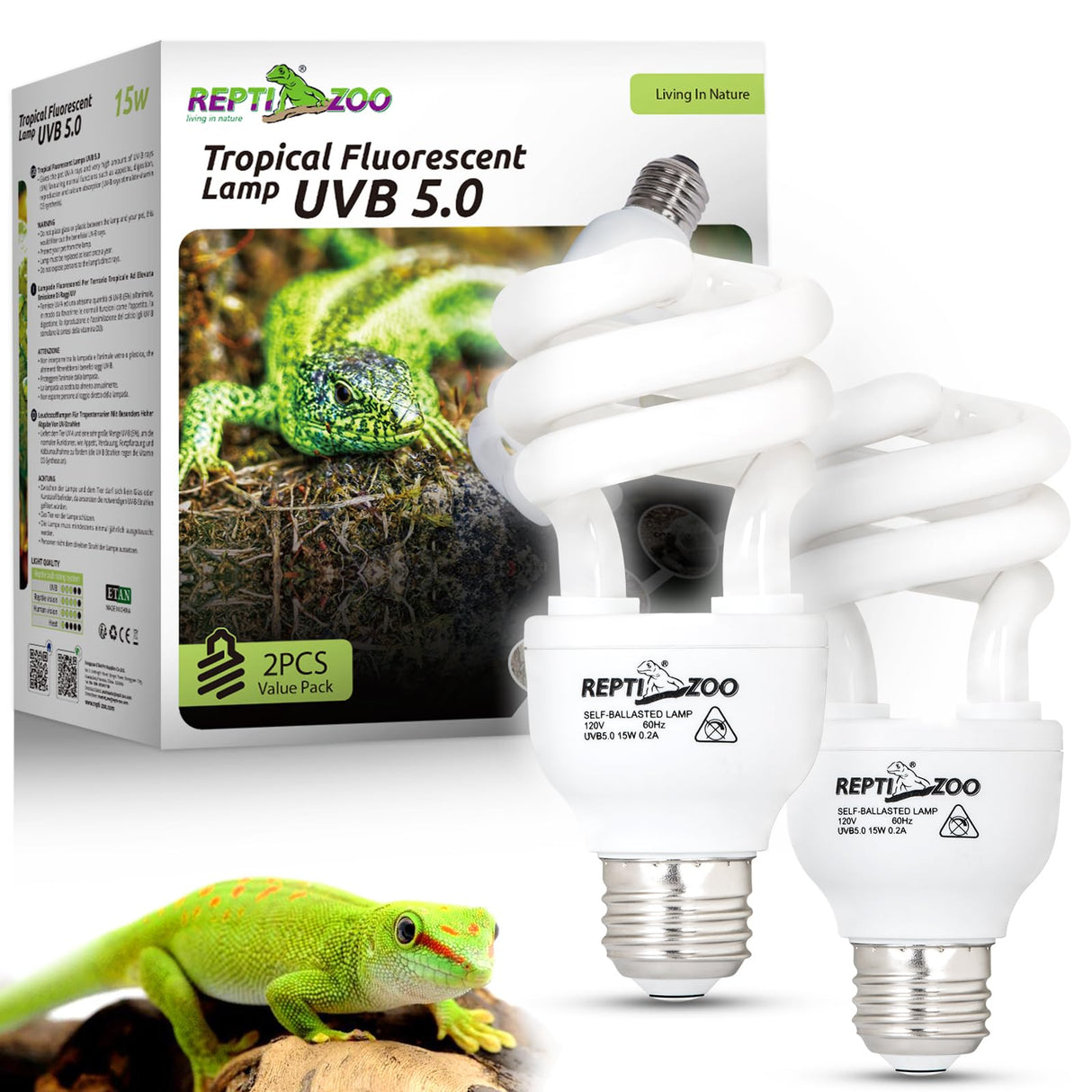 REPTI ZOO UVB Light for Tropical Reptile, 2 Pack 5.0 15W UVA UVB Reptile Light Bulb, UVB Lamp for Crested Gecko Leopard Gecko Frog Toad Snake Chameleon