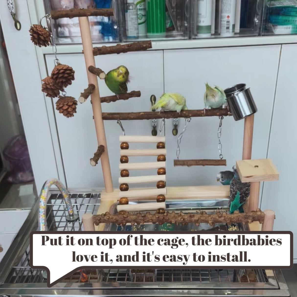 GOVNPJ Bird Playground with Feeder Cups, Wooden Parrot Play Stand for Cockatiel, Parakeet