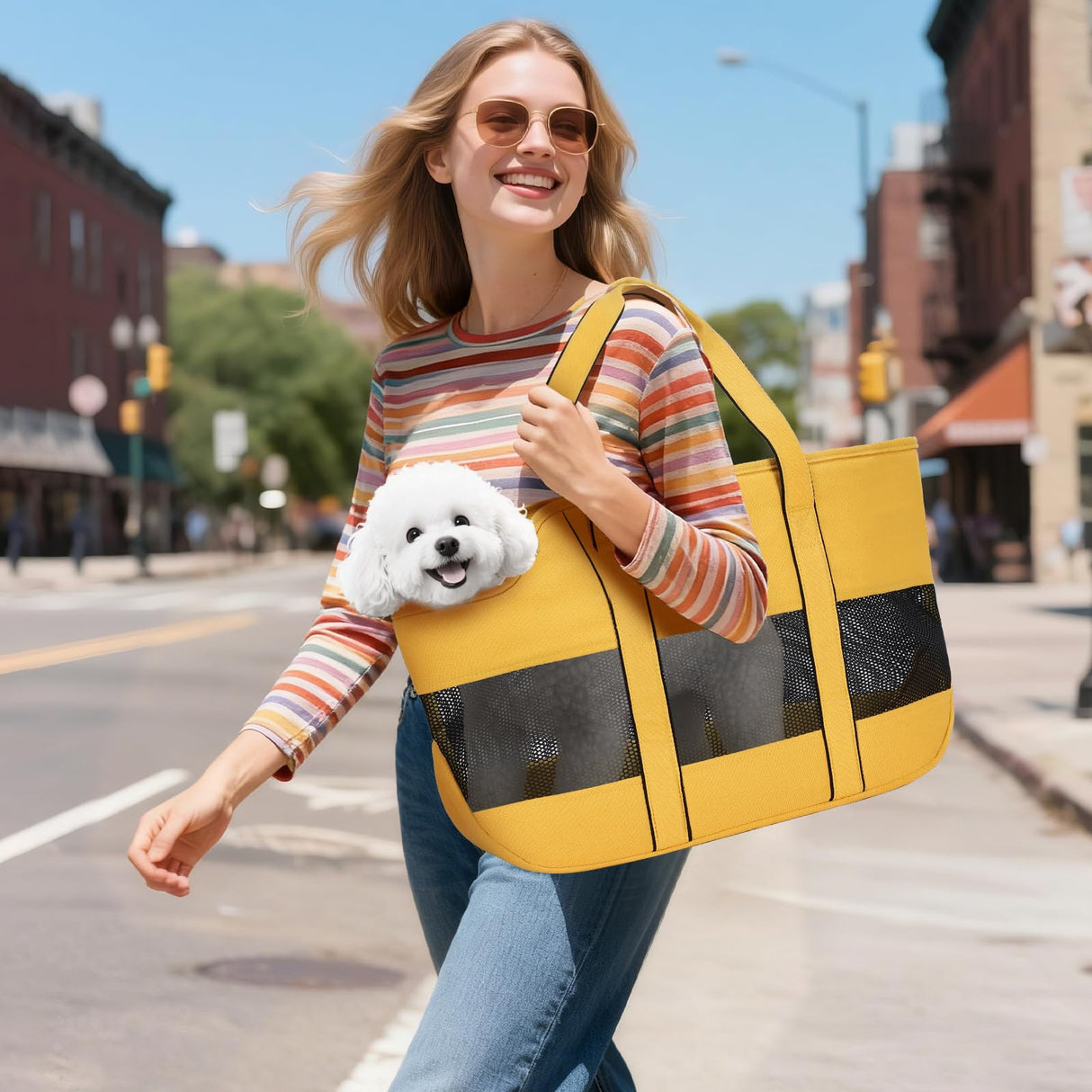 Lekereise Dog Purse Carrier for Small Dogs, Cats - Dog Carrier Purse with Secure Harness Clip, Dog Tote Bag Carrier, Large Space, Breathable Design(Yellow)