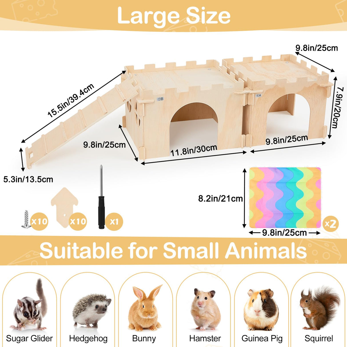 Guinea Pig Hideout, Guinea Pigs House with Stairs and Mats Extra Large Guinea Piggy Castle Detachable Hideouts for Small Animals Wooden Guinea Pig Habitats with Multiple Doors and Windows