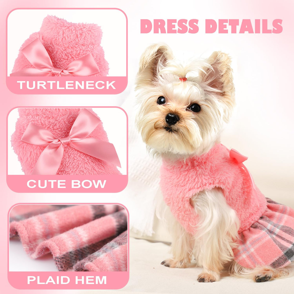 Yikeyo Fuzzy Dog Plaid Sweater Dress, Fall Winter Warm Female Dog Clothes for Small Dogs Girl, Pet Outfit, Cat Apparel (Small, Pink)