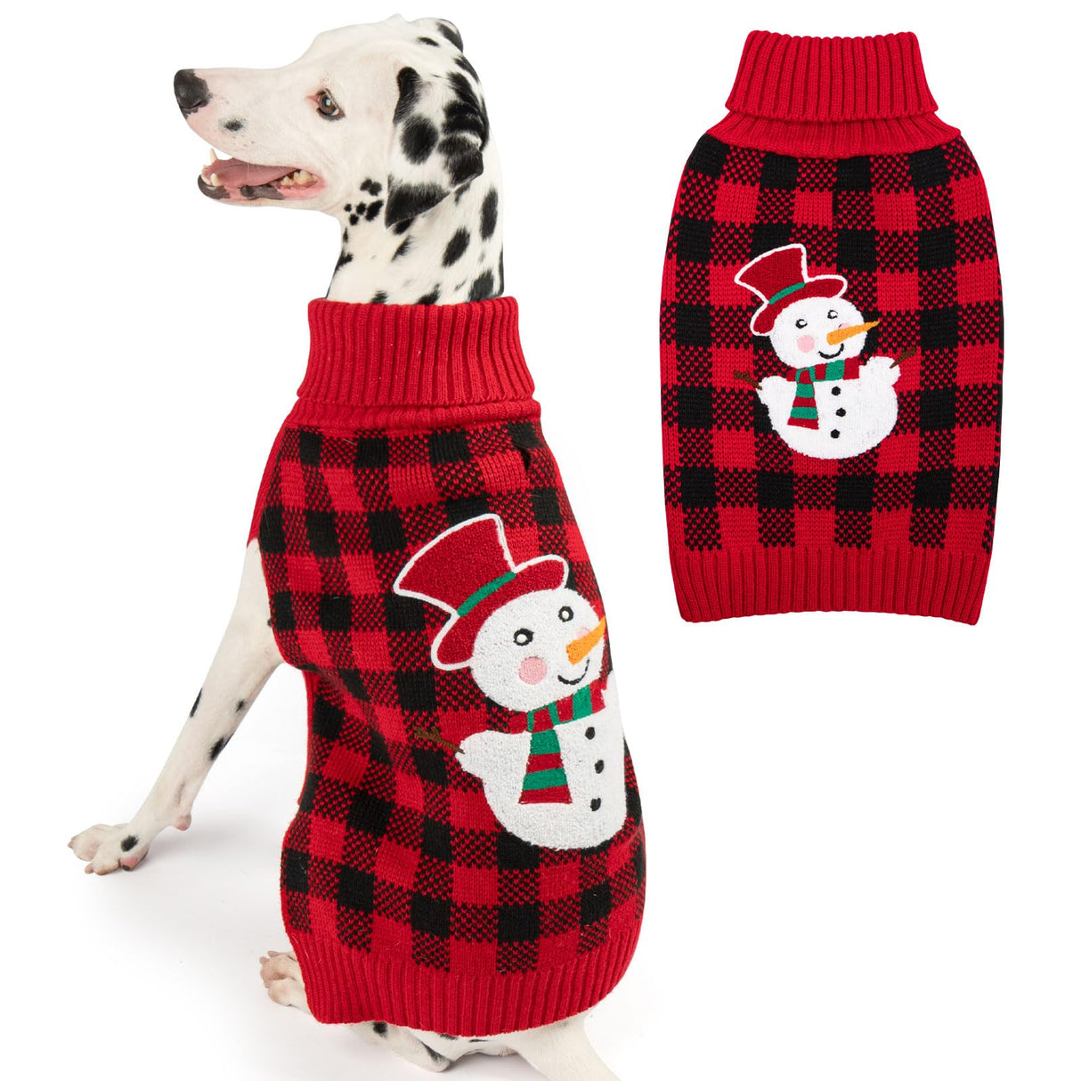 KYEESE Dog Christmas Sweater with Snowman Design, Turtleneck Dog Sweater for Medium Dogs, Cozy Holiday Outfit, Red Buffalo Plaid Knitwear with Leash Hole, Soft Warm Pet Clothes, XX-Large