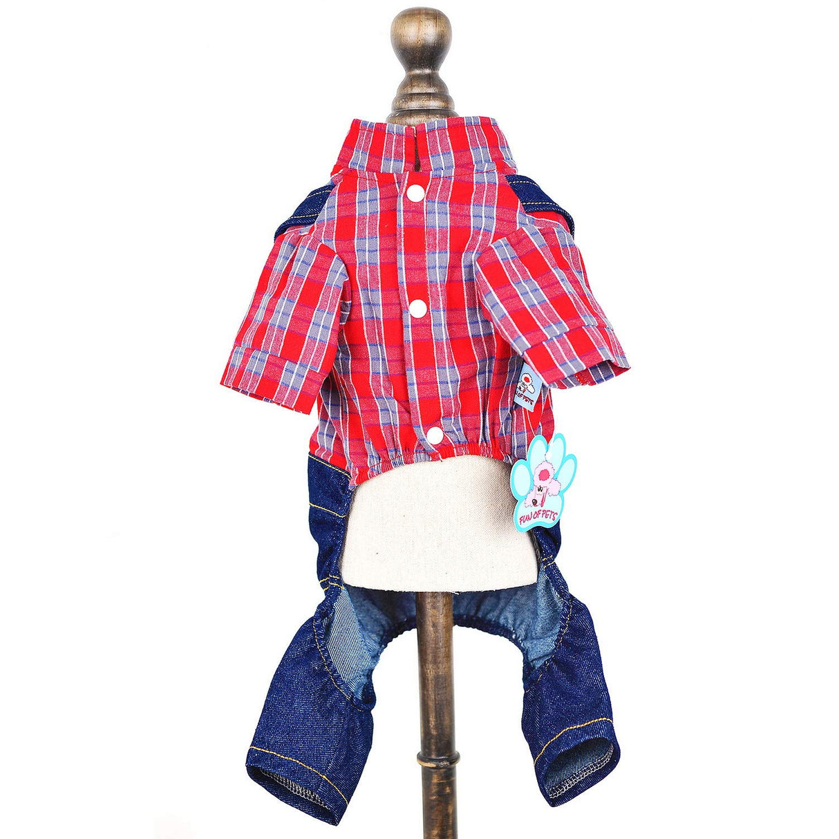 SMALLLEE_LUCKY_STORE Pet Clothes Costume Puppy Denim Overalls for Small Medium Dogs Cats Boys Bowtie Plaid Shirt Jeans Pants Outfits Chihuahua One Piece Jumpsuit,Red S
