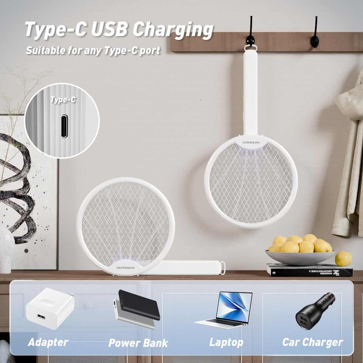 4000V Electric Fly Swatter, 2-in-1 Foldable Bug Zapper Racket with USB Rechargeable Battery, UV Light, Mosquito Killer Zapper for Home Office Camping, 2PC