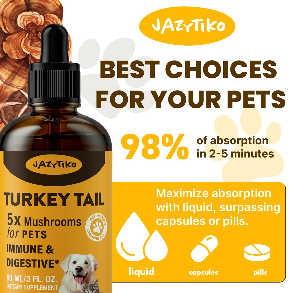 Turkey Tail Mushroom for Dogs - Faster Absorption 2000mg Turkey Tail Mushroom for Immune & Digestive, Joint, Energy, 5X Mushrooms for Pet Drop with Turmeric & Probiotic - Vet Formulated, 90 ML/3FL.oz