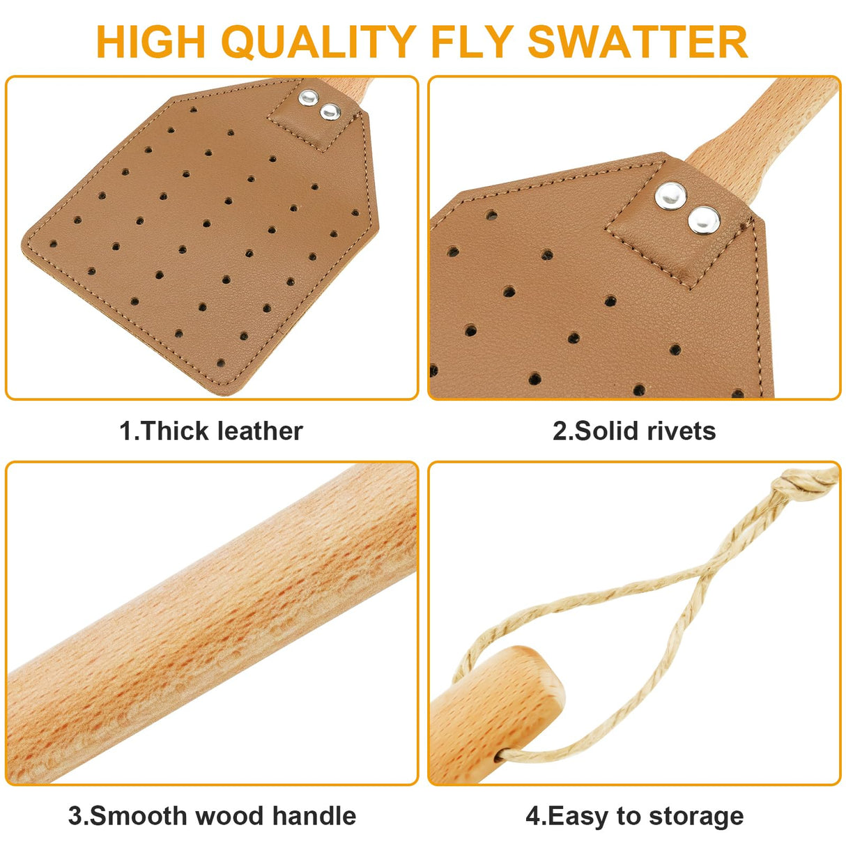 Dirza Leather Fly Swatter for Indoors/Outdoors, Heavy Duty Flyswatter with Walnut Wood Handle 19.7" Long Fly swatted Manual for Bug, Flies, Bees, Mosquitoes 2 Pack Brown