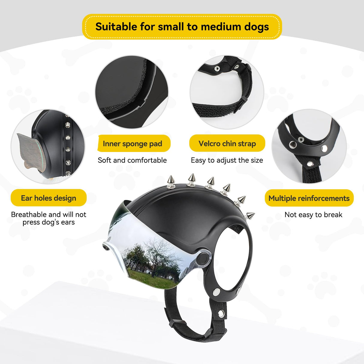 PETLESO Small Dog Helmet, Pet Motorcycle Helmet with Ear Holes, Adjustable Pet Safety Hat with Flip-Up Silver Visor, Small-Medium Puppy Heads Protection, Spiked