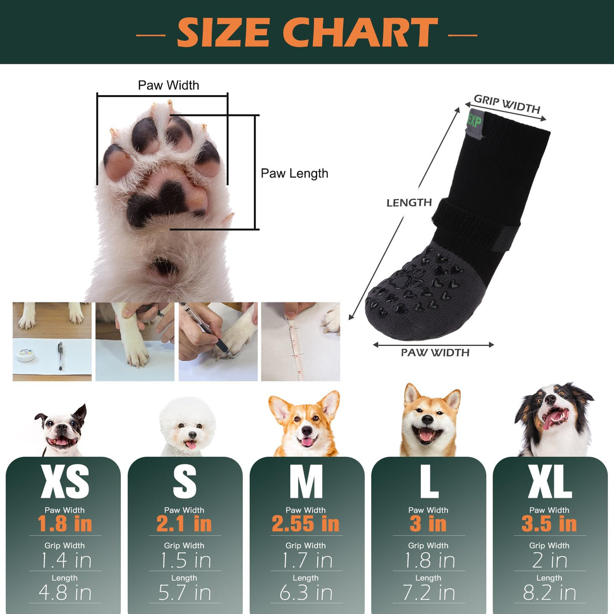 EXPAWLORER Anti Slip Dog Socks to Prevent Licking Paws, Winter Snow Dog Boots & Paw Protectors Booties for Hardwood Floors with Heart Grippers, Dog Shoes for Small Medium Large Senior Dogs Black S