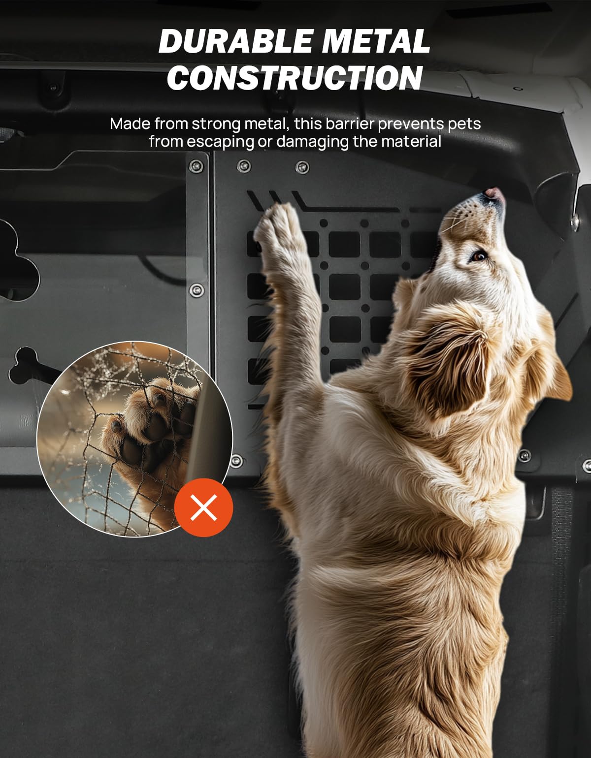 JOYTUTUS Heavy Duty Dog Car Barrier for Wrangler JL 2018-2023, MOLLE Compatible Dog Car Barrier for Cargo Area Car Divider, No Drill Large Pet Car Gate Trunk Barrier